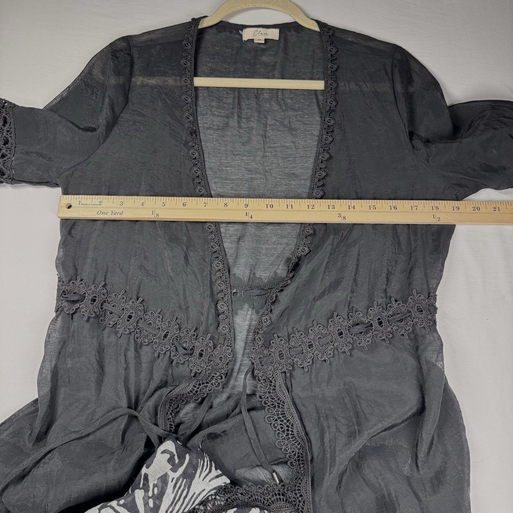 Elan Kimono Maxi Duster Black Print Lace Sheer Boho Festival Whimsygoth Sz M - Picture 8 of 11
